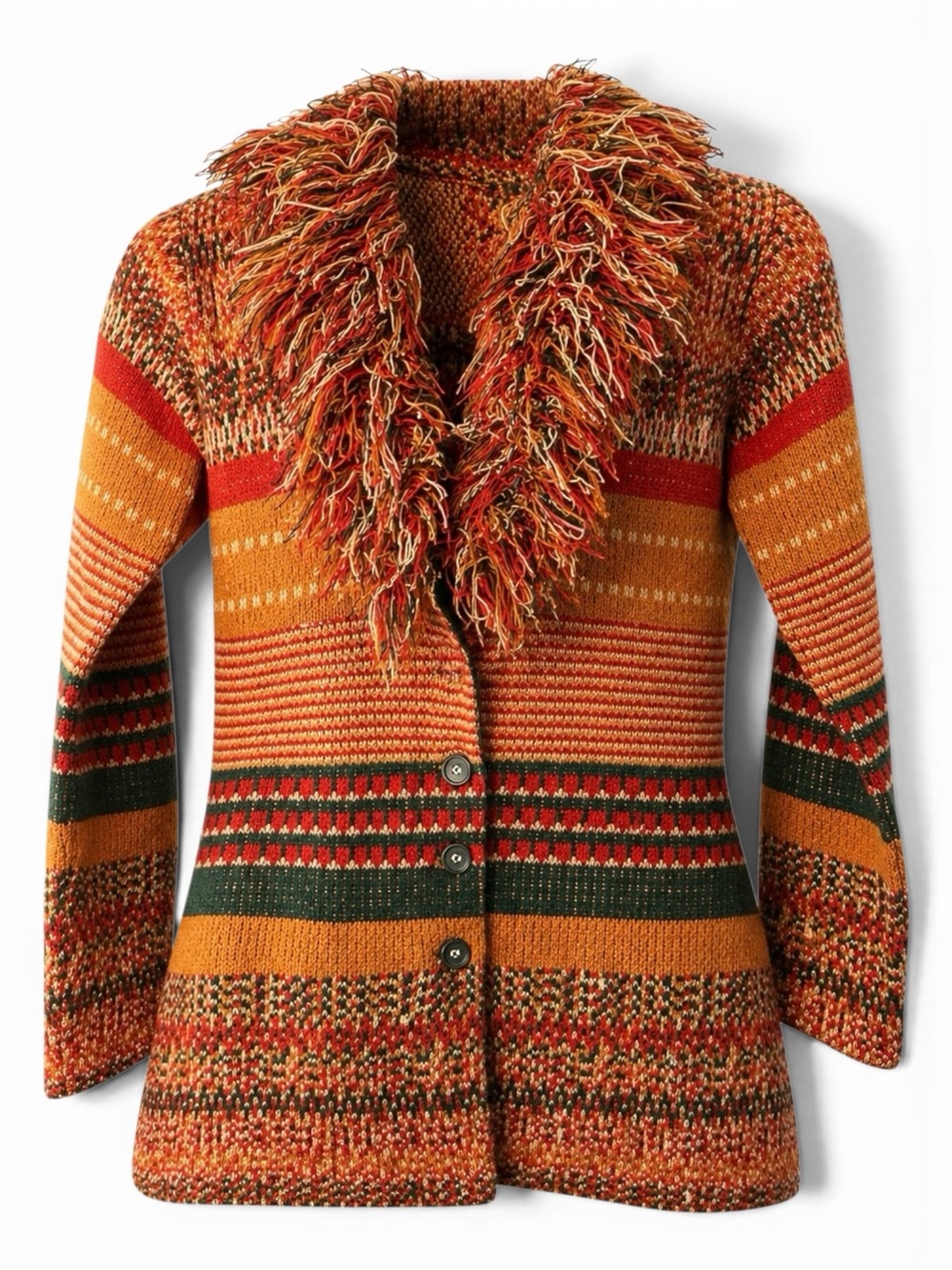 Vintage 70s Boho Stripe Knit Cardigan Sweater Shaggy Fringe Collar Small